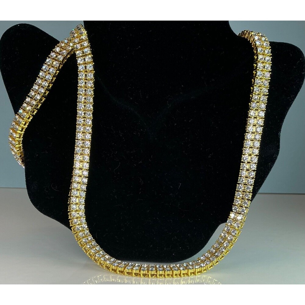 New Double Row Gold Plated Tennis Necklace 22” Bracelet 8” Jewelry Set Lot